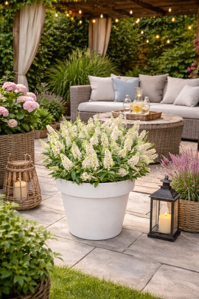 Буддлея Літл Вайт контейнерне озеленення тераси